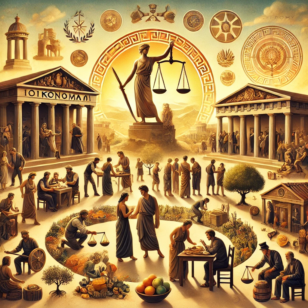 dall·e 2024 11 02 12.30.14 a symbolic image celebrating ancient greek concepts of oikonomos (household management) and oikonomia (economy) as the foundation of a free, harmoniou