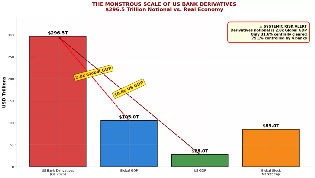 Bar chart comparing US bank derivatives notional ($296.5T) to Global GDP ($105T), US GDP ($28T), and Global Stock Market Cap ($85T), showing derivatives are 2.8x global GDP and 10.6x US GDP, with 79.1% controlled by 4 banks