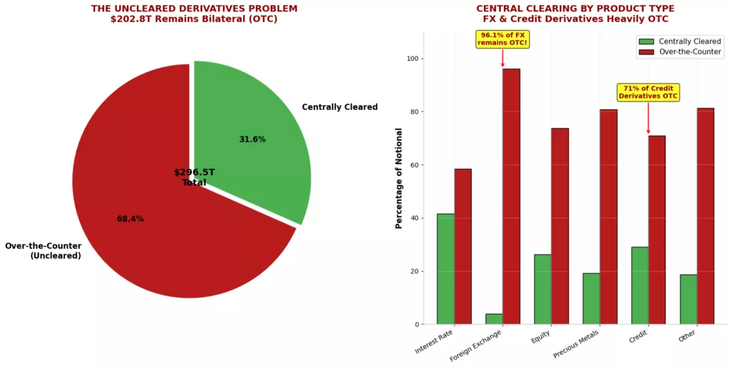 Pie chart showing 68.4% ($202.8T) of $296.5T total derivatives remain uncleared OTC; bar chart shows FX (96.1%) and credit derivatives (71%) are heavily uncleared by product type